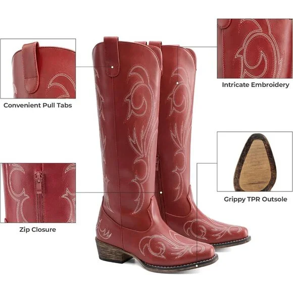 Women Faux Leather Red Knee High Chunky Heel Side Zipper Embroidered Boot